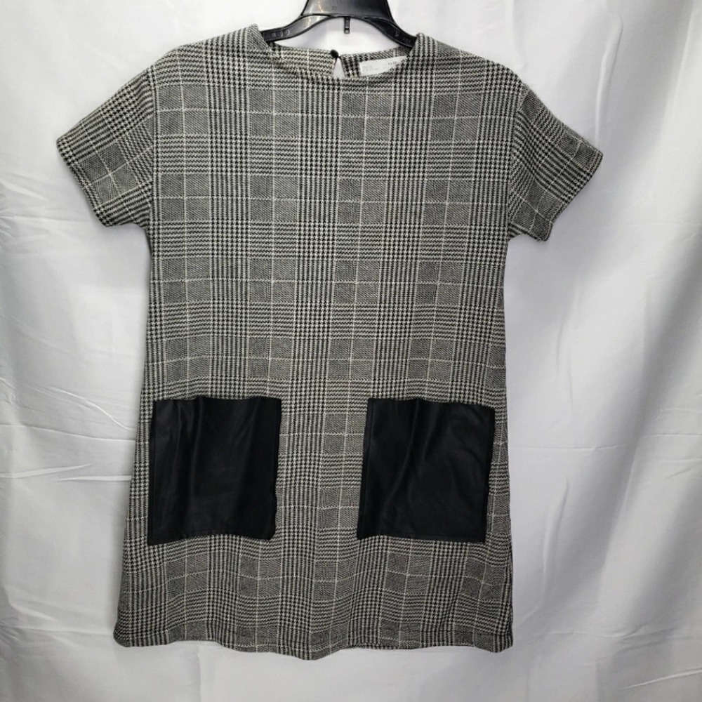 Zara houndstooth plaid short sleeve dress with pockets black white 12 girls